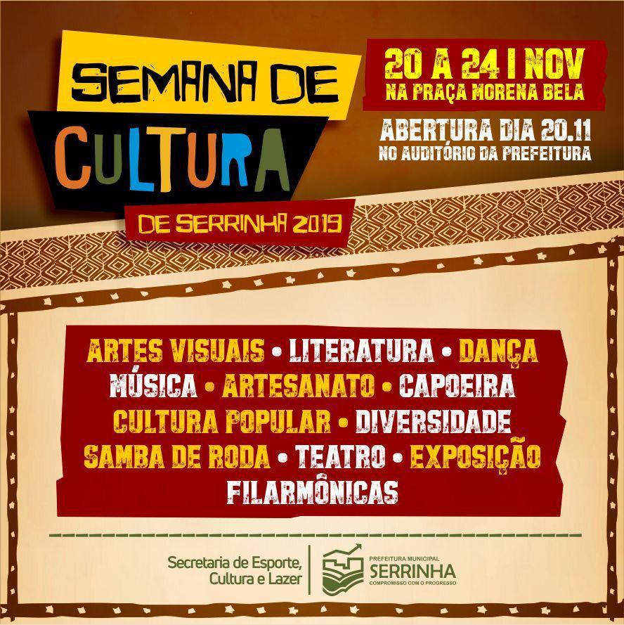 Serrinha: Semana de cultura acontece de 20 a 24 de novembro, na Praça Morena Bela. Confira! 1 Serrinha: Semana de cultura acontece de 20 a 24 de novembro, na Praça Morena Bela. Confira!