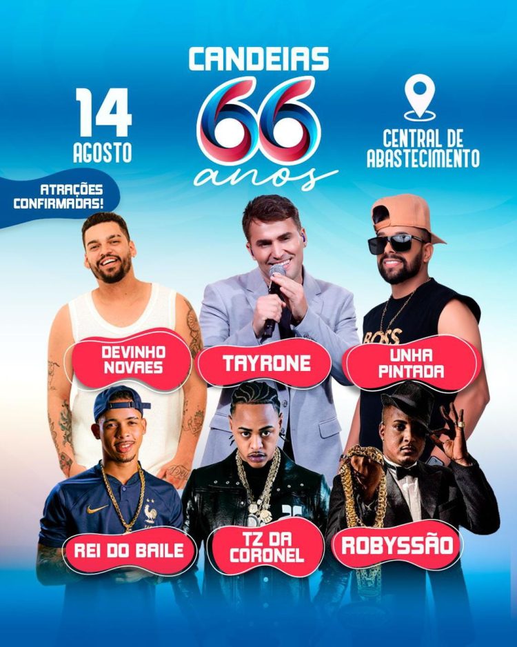 Aniversário de Candeias terá shows de Tayrone, Devinho Novaes, Tz da Coronel, Unha Pintada, Robyssão e Rei do Baile