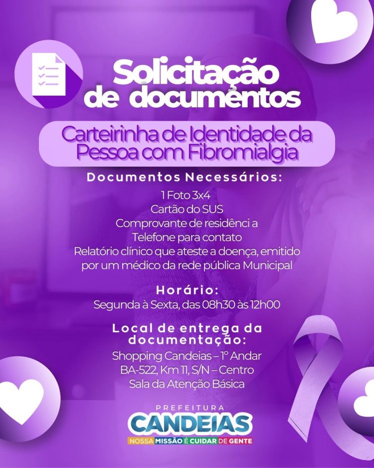 Candeias: Pessoas com fibromialgia já podem solicitar carteirinha que garante prioridade em diversos atendimentos