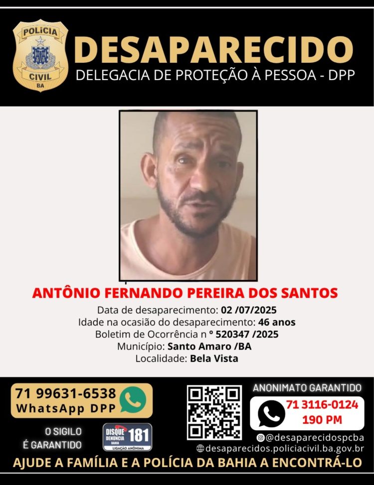 Urgente: Família, amigos e a polícia civil da Bahia procuram por Antônio Fernando, conhecido como Pinguim, desaparecido em Santo Amaro